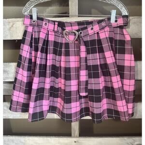 Hot Topic Size Medium Pink Belted Flannel Mini Pleated Skirt